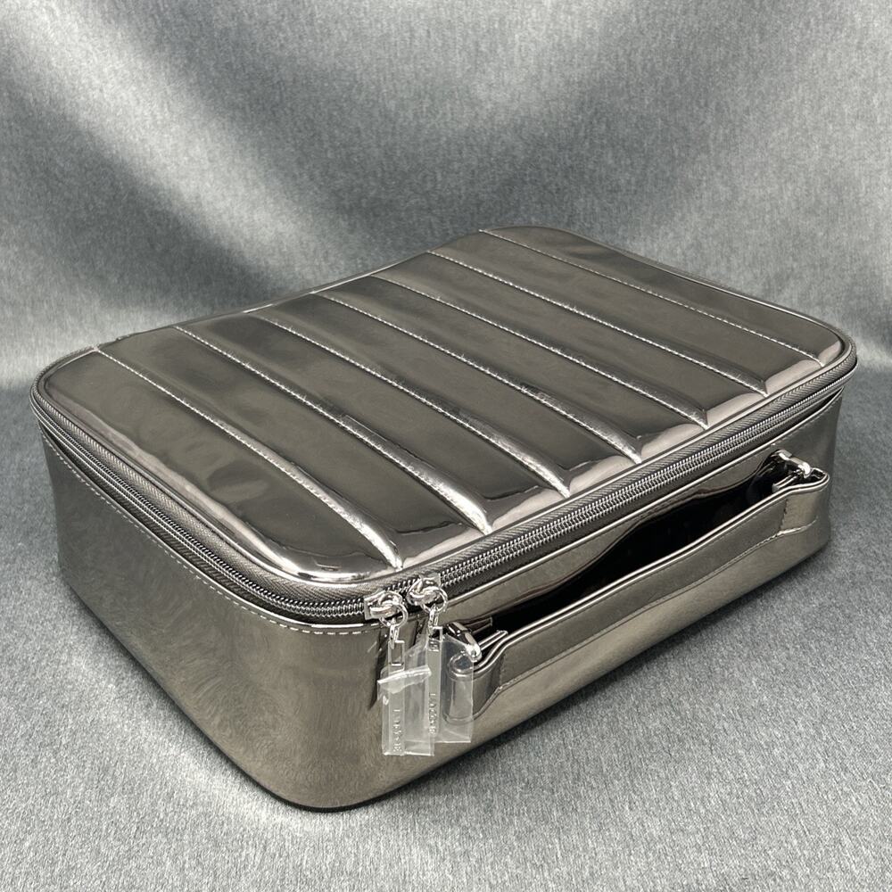 Lancôme Silver Metallic Chrome Cosmetic Makeup Bag Large Train Travel Case